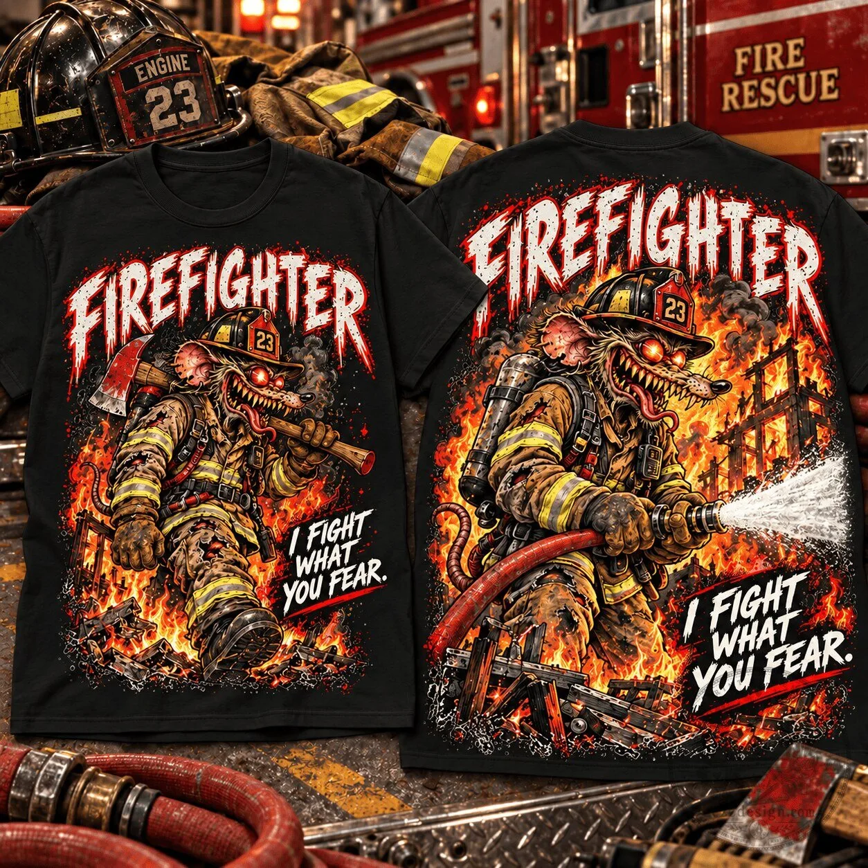 Firefighter Rat Fink I Fight What You Fear Ed Roth Inspired Graphic T-Shirt