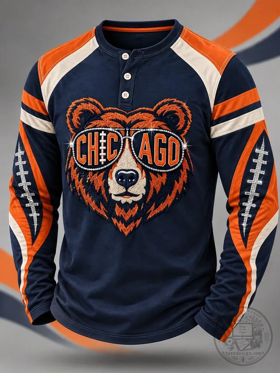 Chicago Bears Gameday Bear Mascot Long-Sleeve Henley Shirt for Football Fans