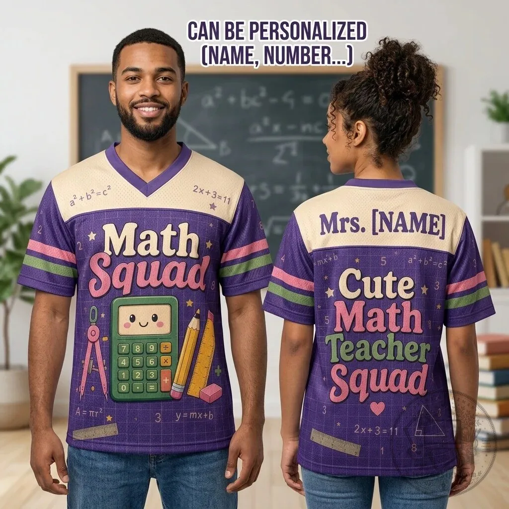 Personalized Math Teacher Squad Purple Football Jersey with Custom Name