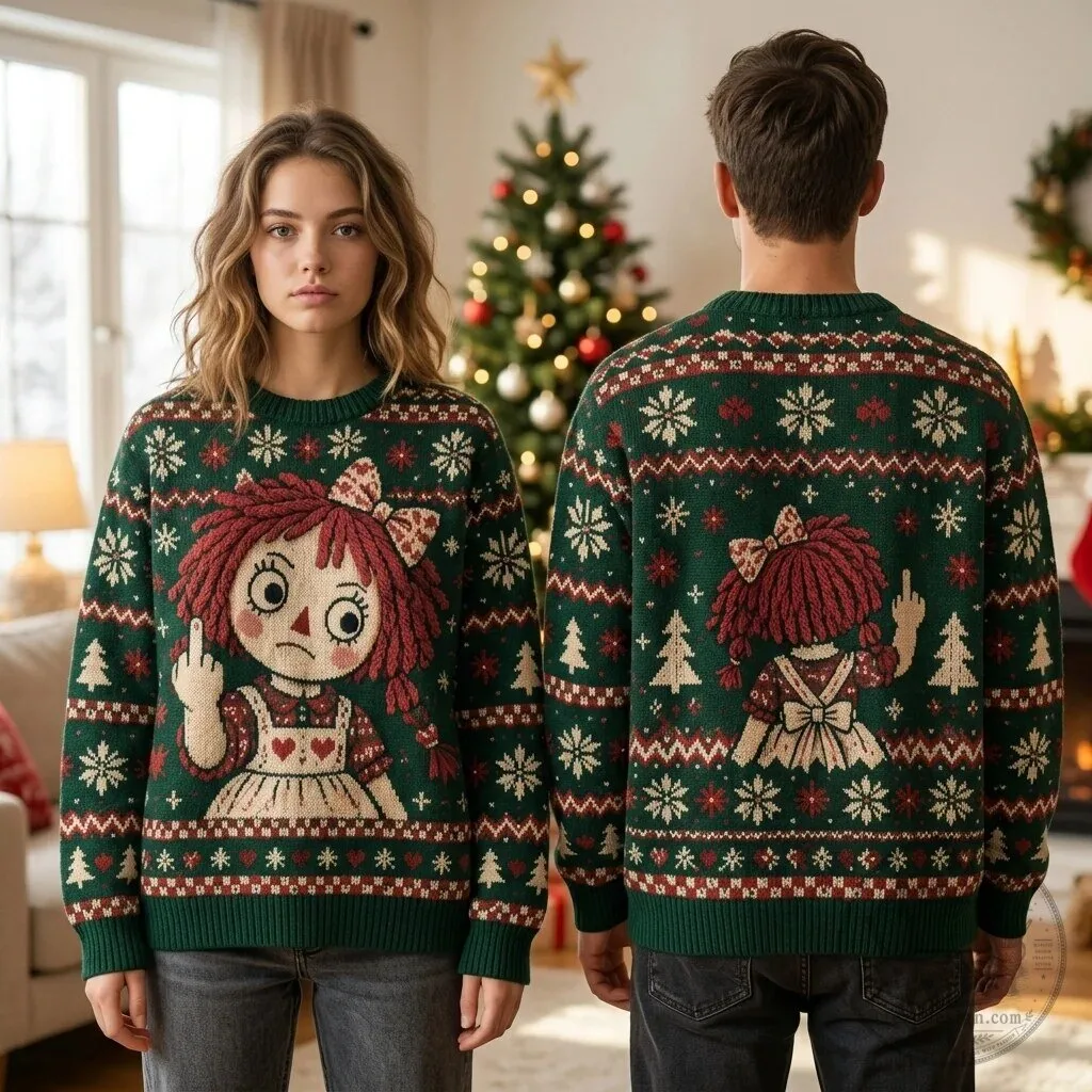 Funny Sarcastic Raggedy Ann Doll Middle Finger Ugly Christmas Sweater