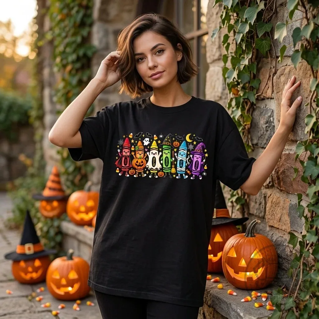 Cute Halloween Teacher Crayon Costume Spooky Classroom T-Shirt
