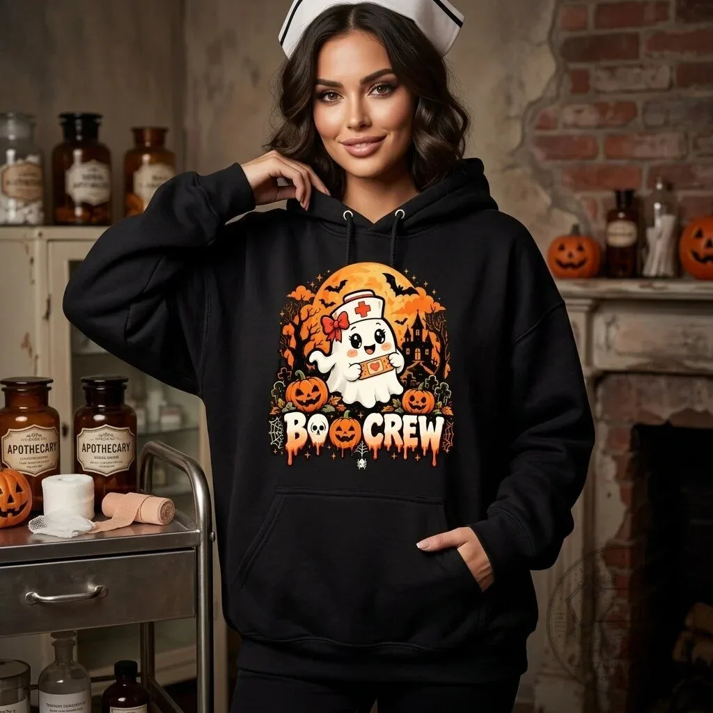 Cute Spooky Nurse Ghost Boo Crew Halloween Hoodie
