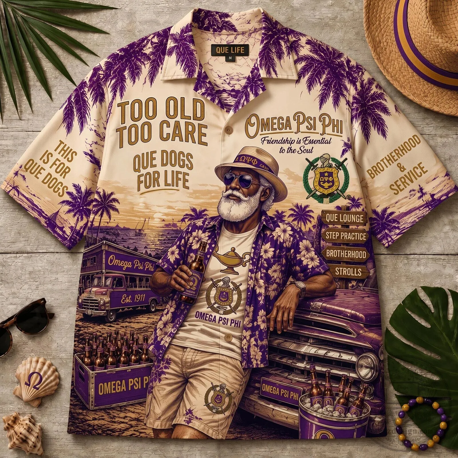 Hawaiian Shirt for Life: Too Old to Care, Omega Psi Phi Fraternity Dog Theme