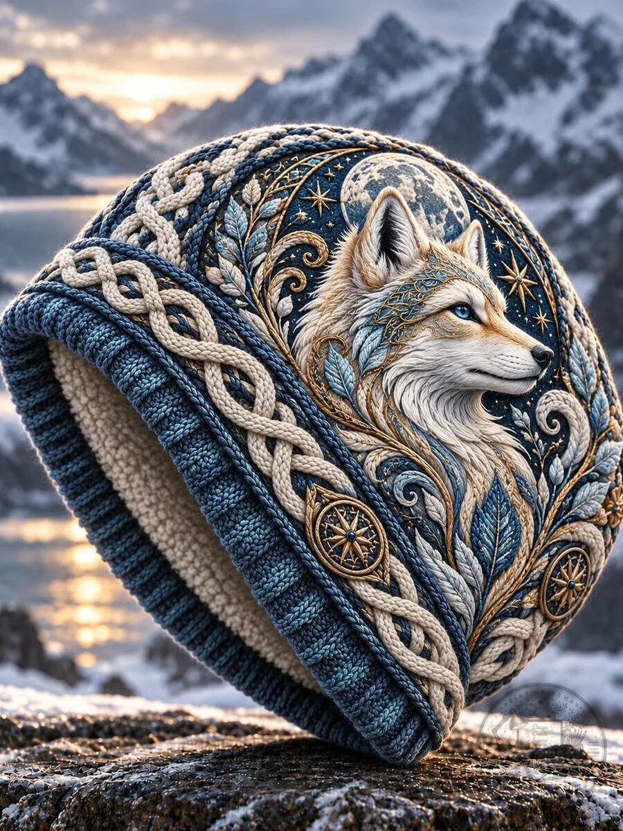 Nordic Winter Wolf Moon Knit Beanie Hat with Celtic Knot Pattern