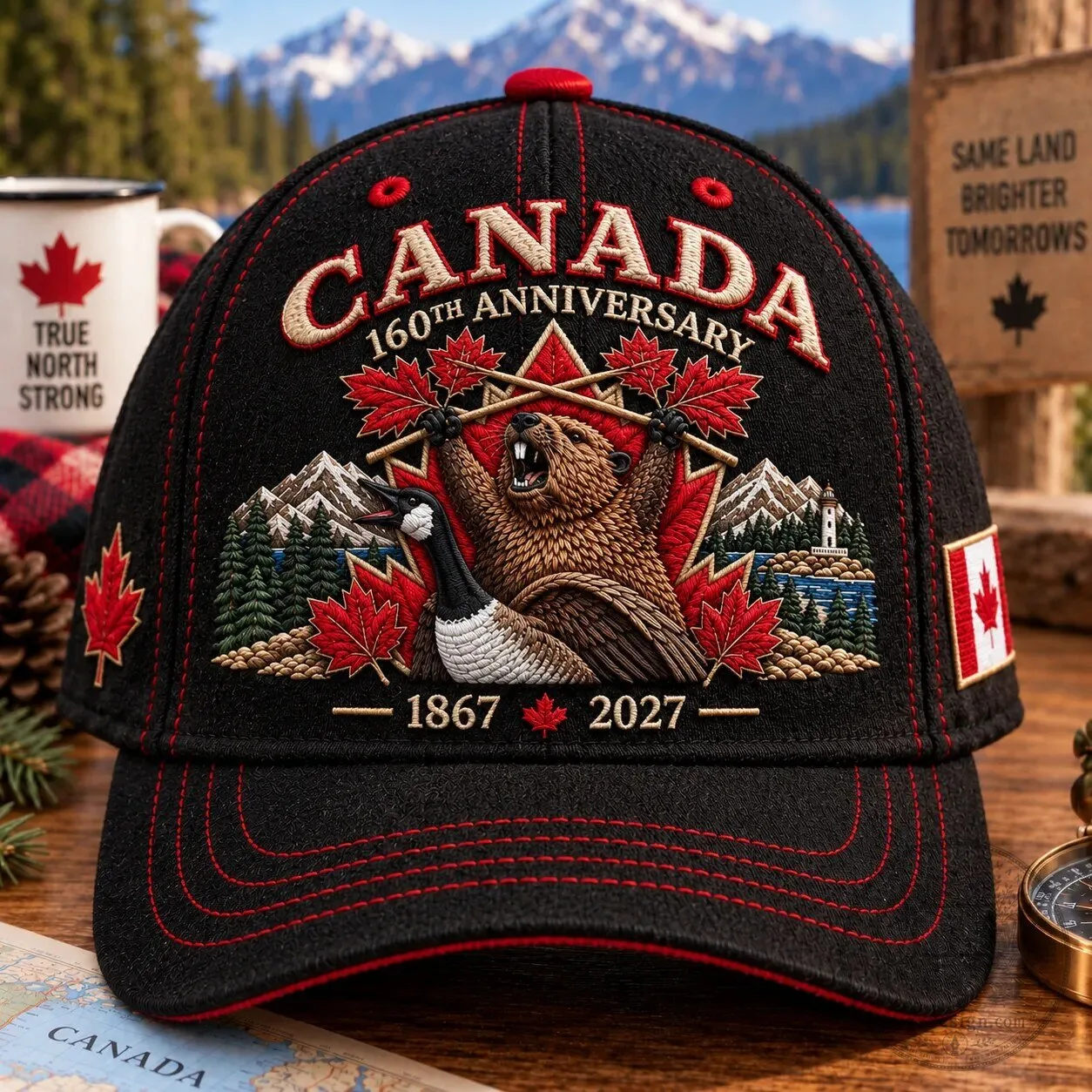 Canada 160th Anniversary Beaver and Maple Leaf Embroidered Baseball Cap Hat