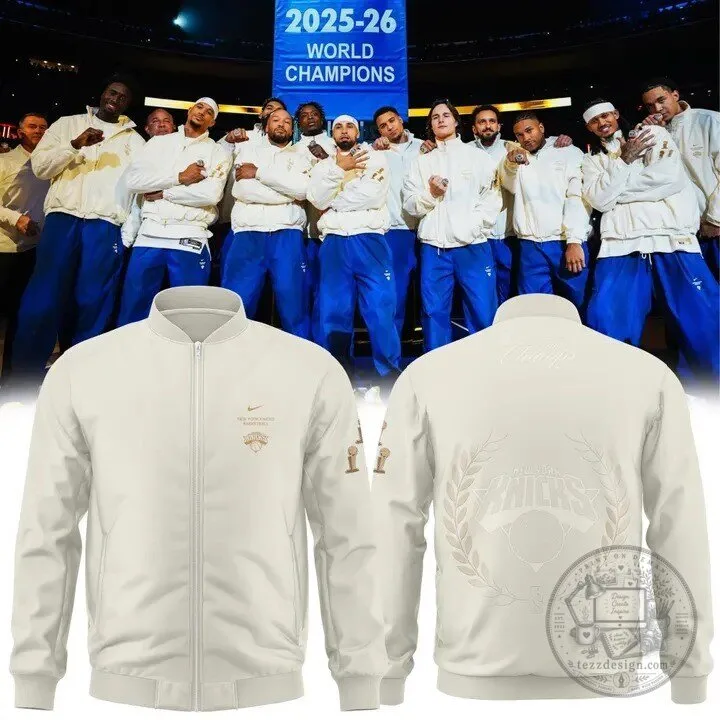 New York Knicks 2026 NBA Finals Champions Cream Bomber Jacket