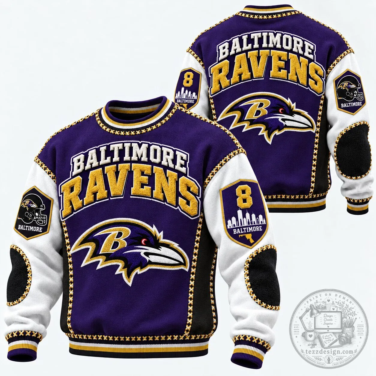 Baltimore Ravens NFL Football Team Logo Embroidered Style Crewneck Sweatshirt