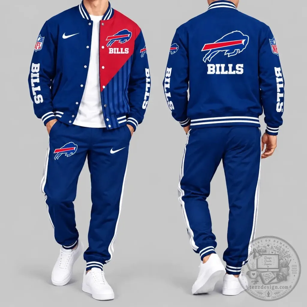 Buffalo Bills NFL Split Panel Varsity Jacket and Jogger Pants Set Buffalo Bills NFL Split Panel Varsity Jacket and Jogger Pants Set