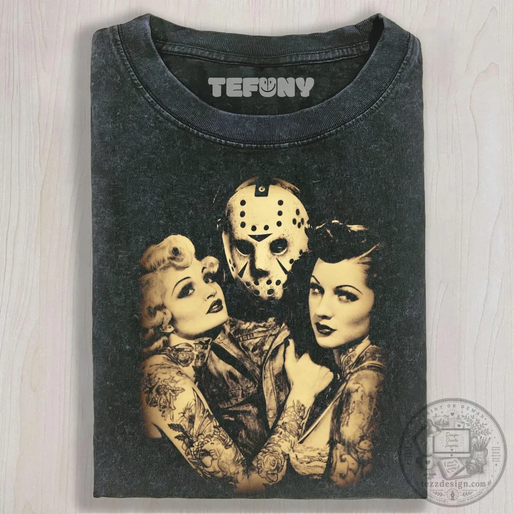 Jason Voorhees Horror Pin-Up Girls Vintage Washed T-Shirt Jason Voorhees Horror Pin-Up Girls Vintage Washed T-Shirt