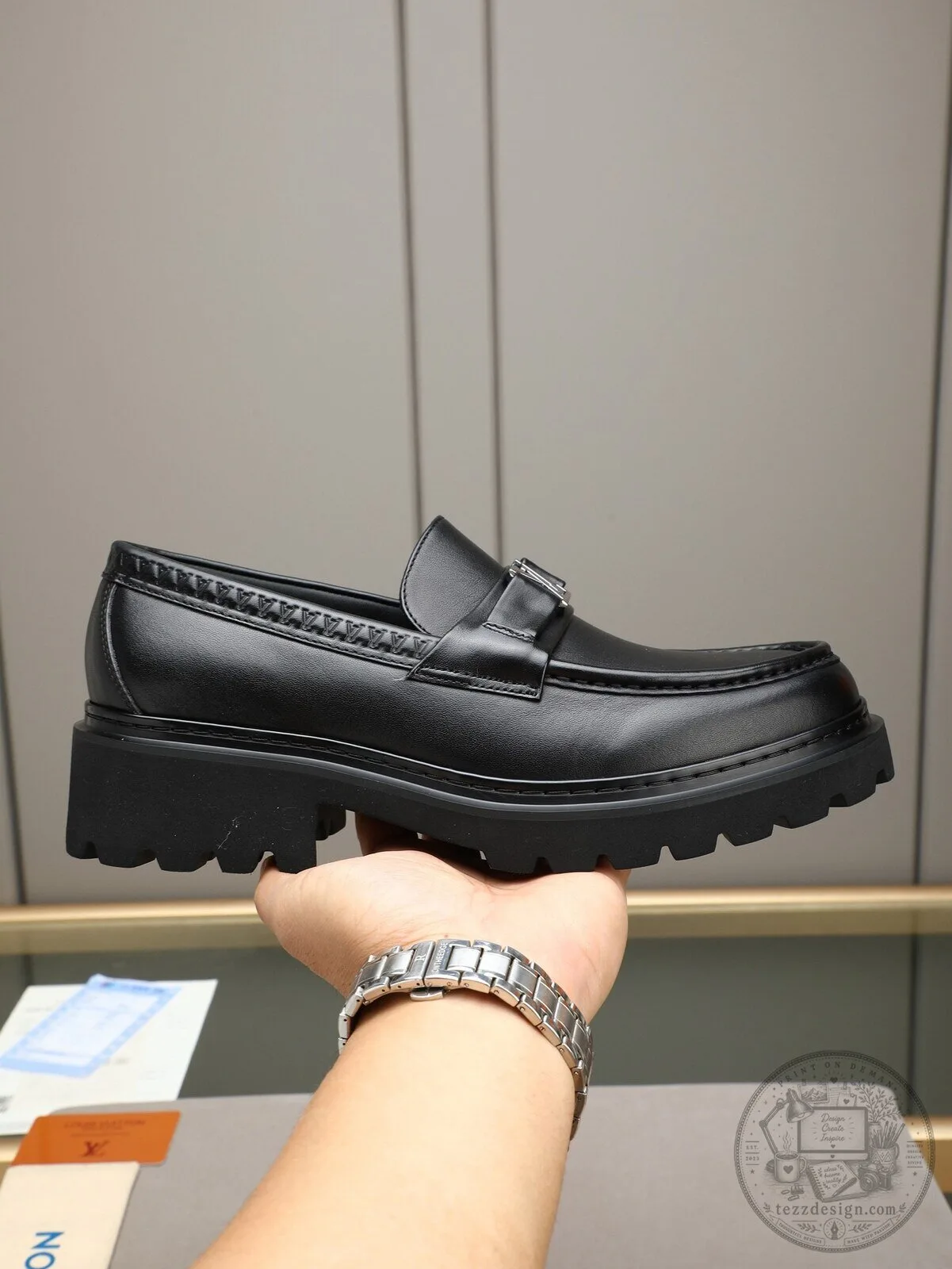 Black Leather Penny Loafer Shoes with Silver Buckle Detail