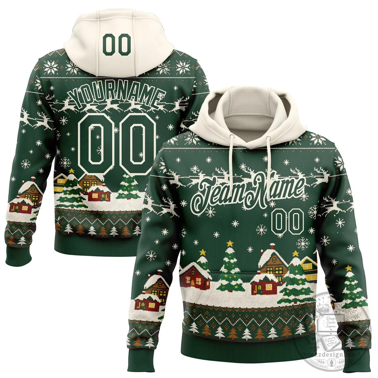 Custom Christmas Village Green Cream Ugly Christmas Sweater Style Hoodie