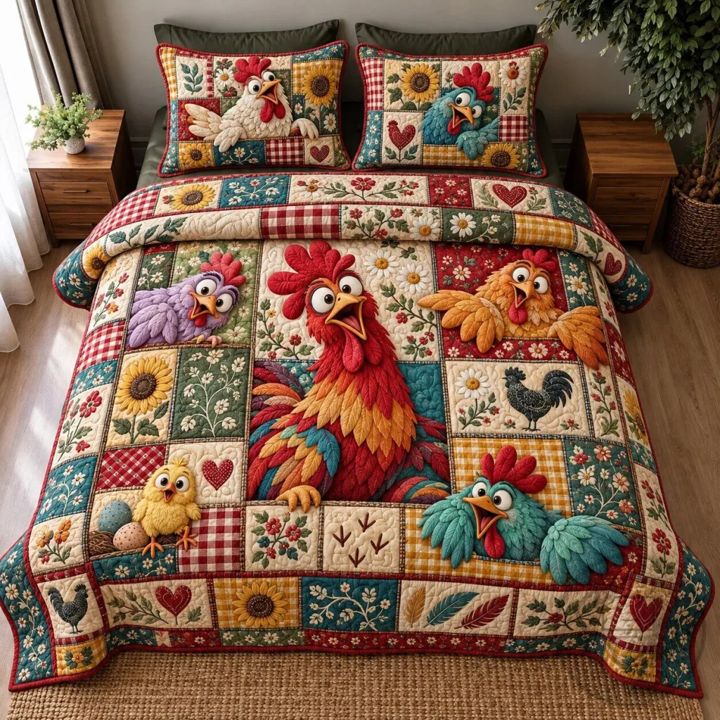Farmhouse Rooster and Chicken Patchwork Quilted Bedding Set with Pillow Shams Farmhouse Rooster and Chicken Patchwork Quilted Bedding Set with Pillow Shams