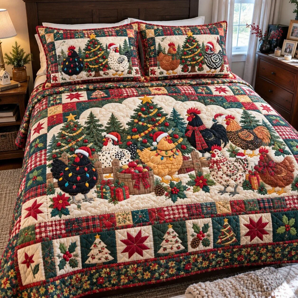 Christmas Chickens Holiday Tree Farm Quilted Bedding Set with Pillow Shams