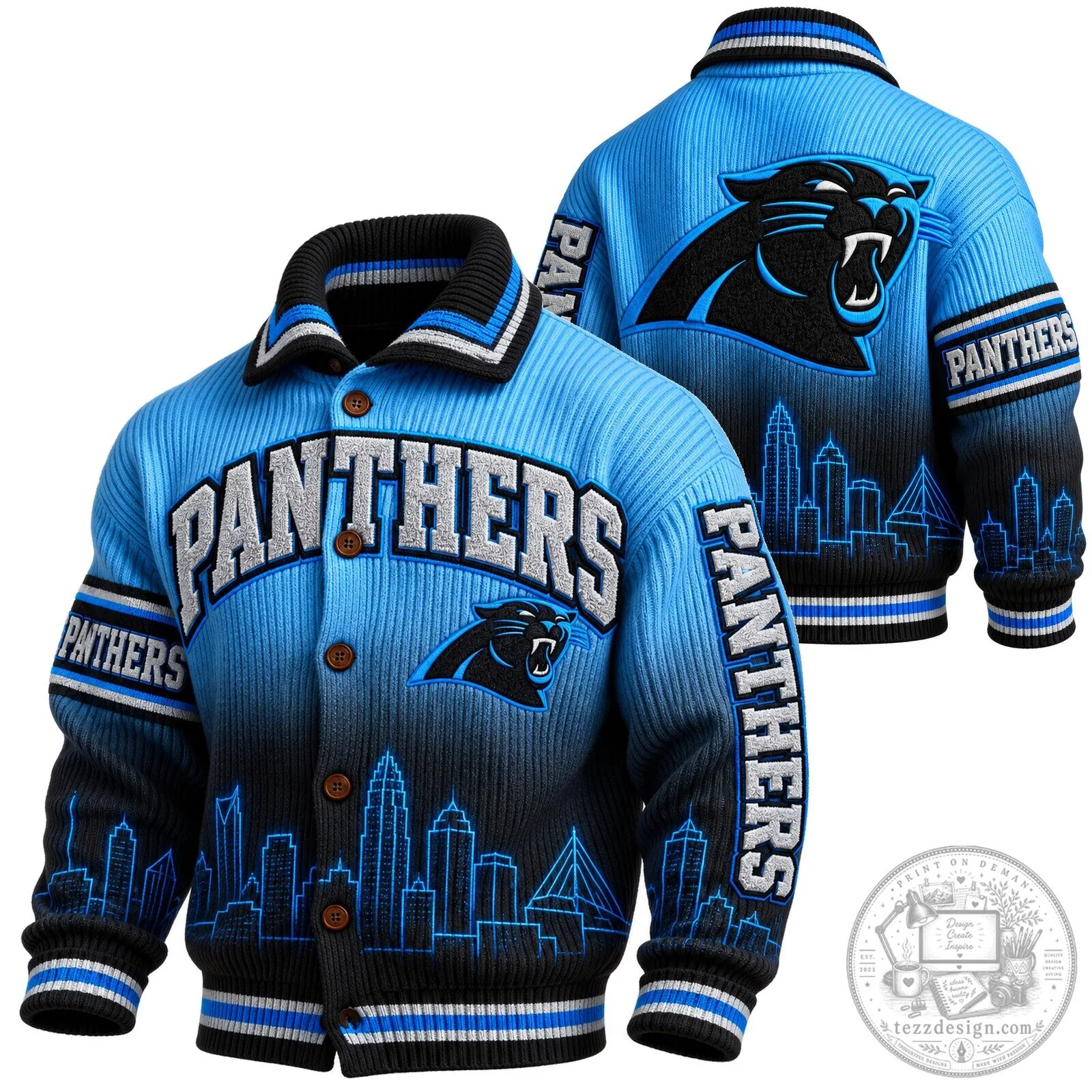 Carolina Panthers Blue Black Gradient Skyline Design Knit Jacket