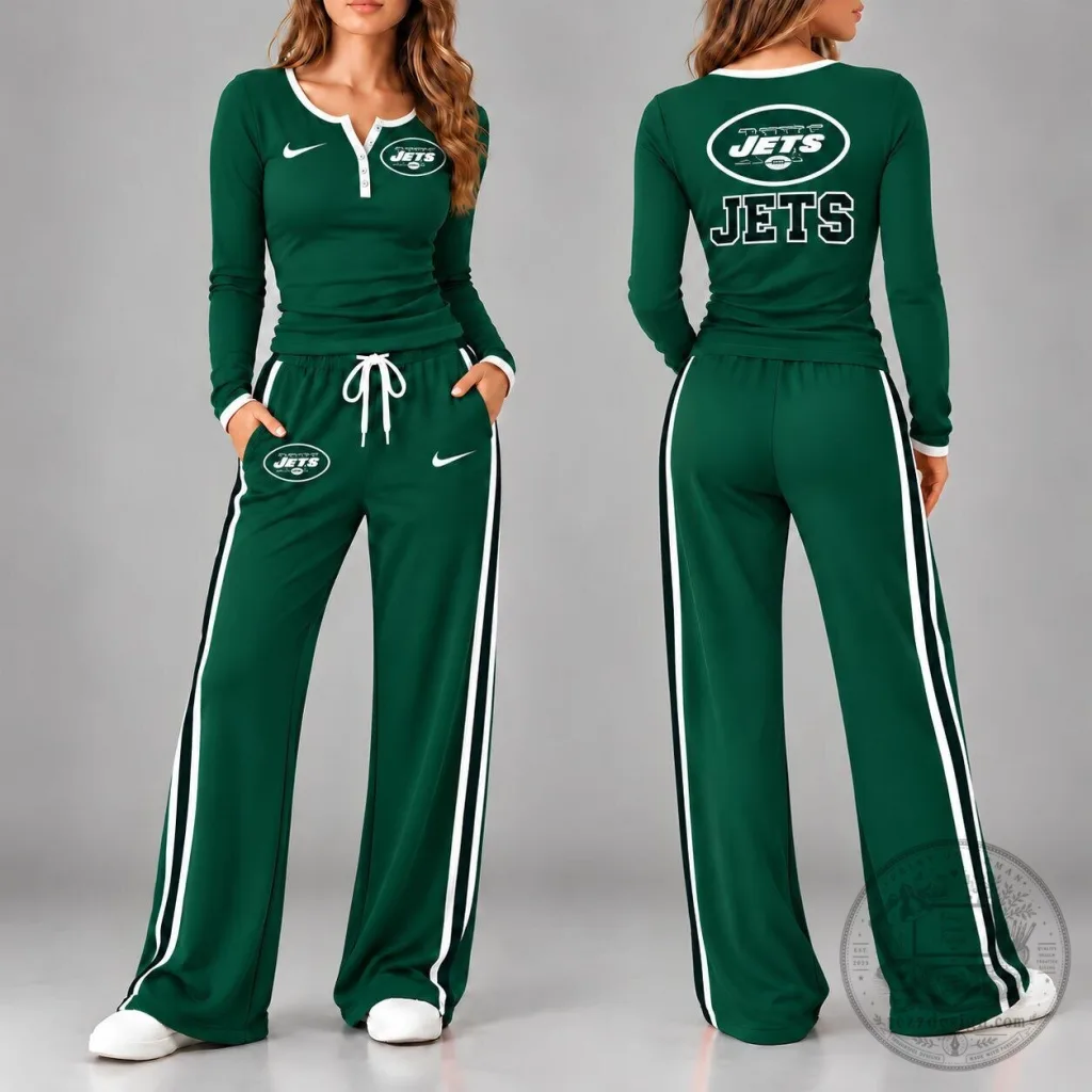 New York Jets Women's NFL Team Pride Long Sleeve Henley Top and Wide Leg Pants Set New York Jets Women's NFL Team Pride Long Sleeve Henley Top and Wide Leg Pants Set