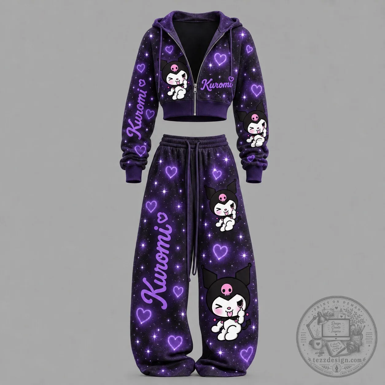 Kuromi Character Purple Cropped Hoodie and Sweatpants Set