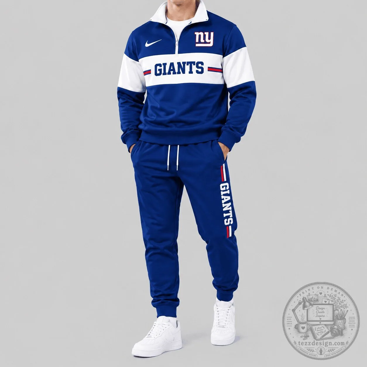 New York Giants NFL Football Team Blue and White Chest Stripe Tracksuit Hoodie