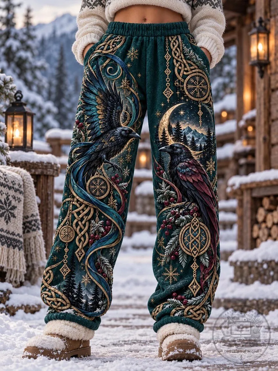 Nordic Raven Winter Forest Moon Celtic Knot Pattern Women's Casual Pants