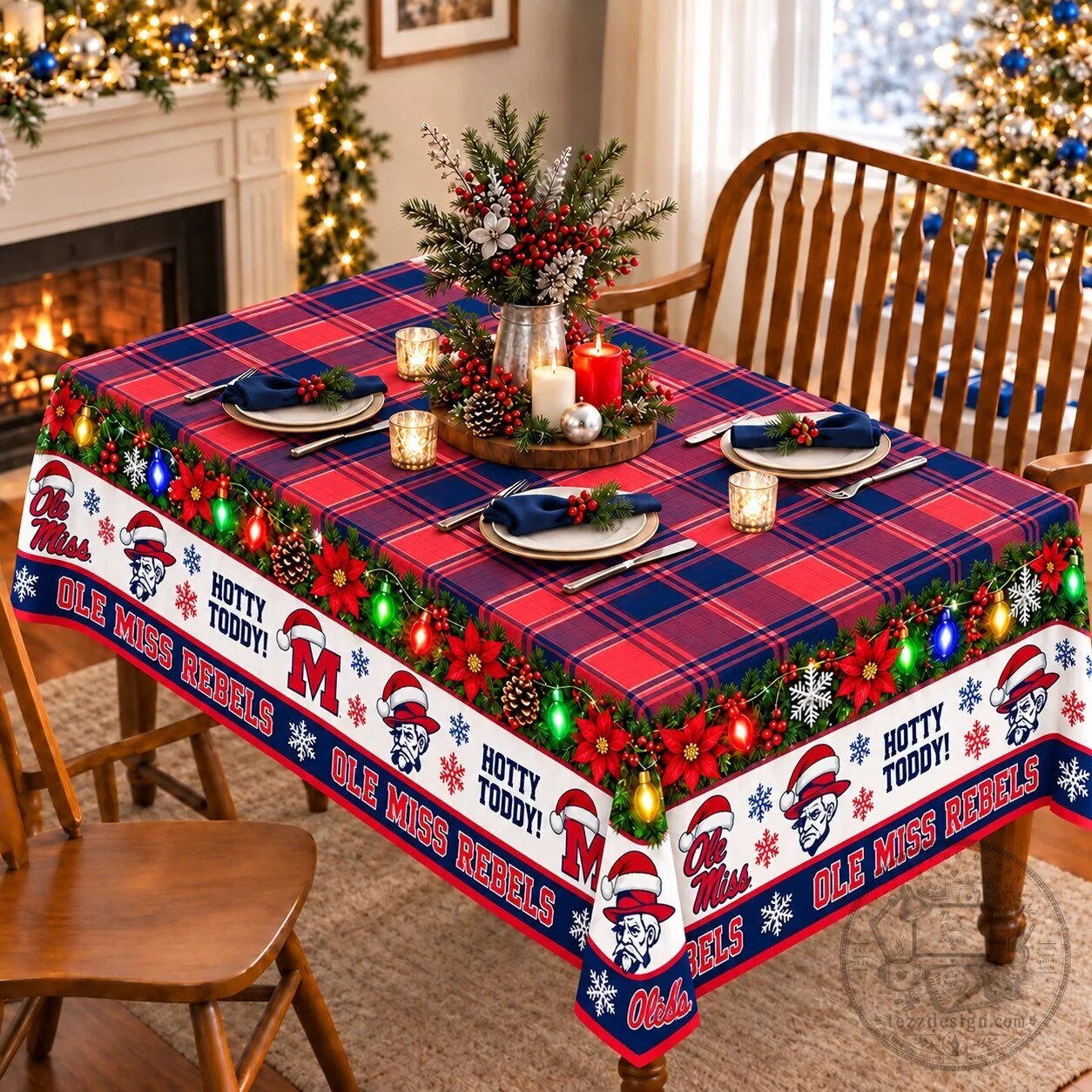 Ole Miss Rebels Christmas Plaid Tablecloth with Holiday Lights Design 1 Ole Miss Rebels Christmas Plaid Tablecloth with Holiday Lights Design