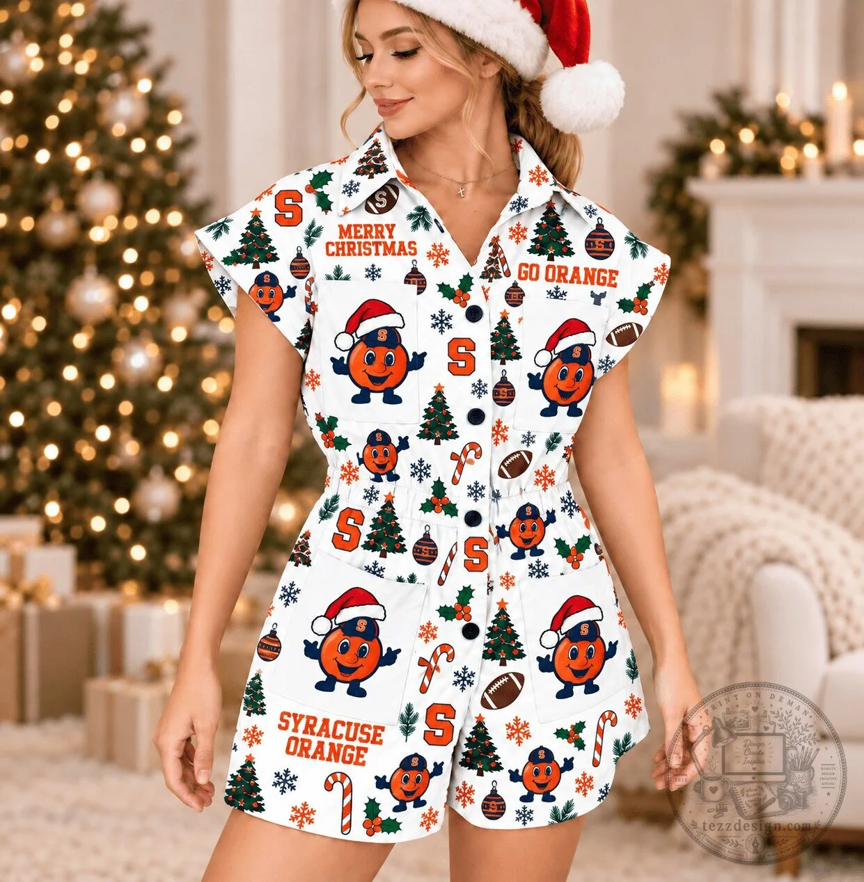 Syracuse Orange Merry Christmas Holiday Women's Button-Up Romper
