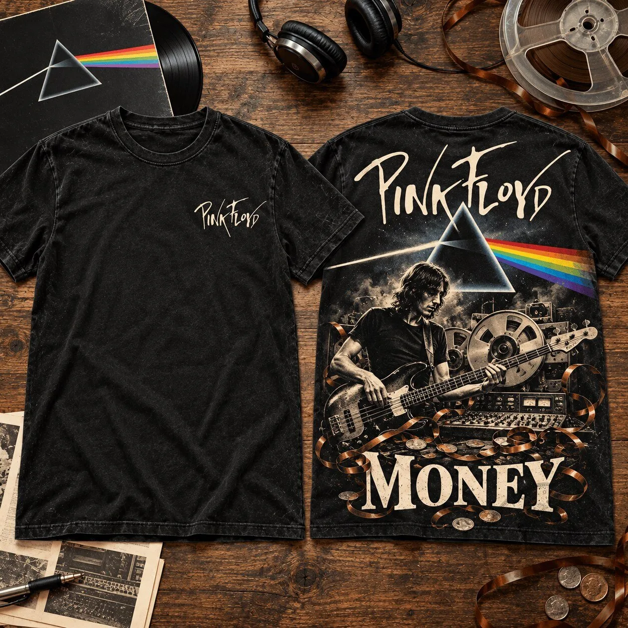 Pink Floyd Money Bassist and Rainbow Prism Graphic Black T-Shirt