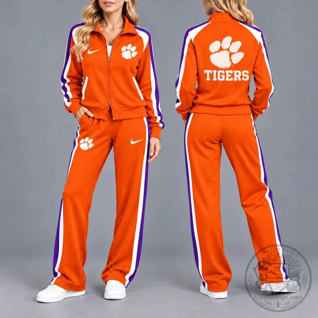 Clemson Tigers Women's Orange and Purple Striped Full Zip Tracksuit Jacket Clemson Tigers Women's Orange and Purple Striped Full Zip Tracksuit Jacket