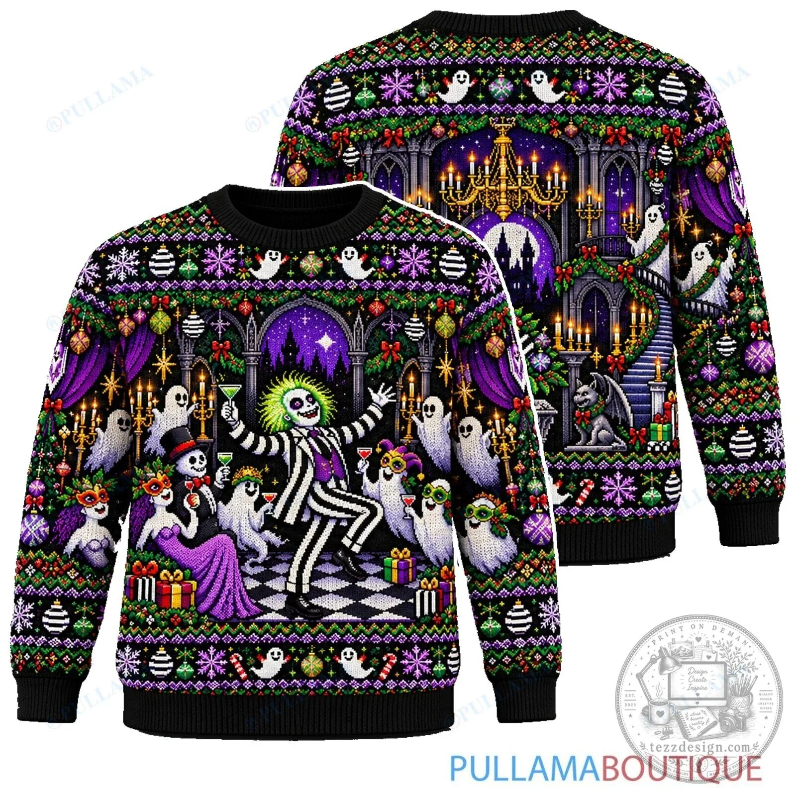 Beetlejuice Haunted Christmas Ballroom Ugly Sweater