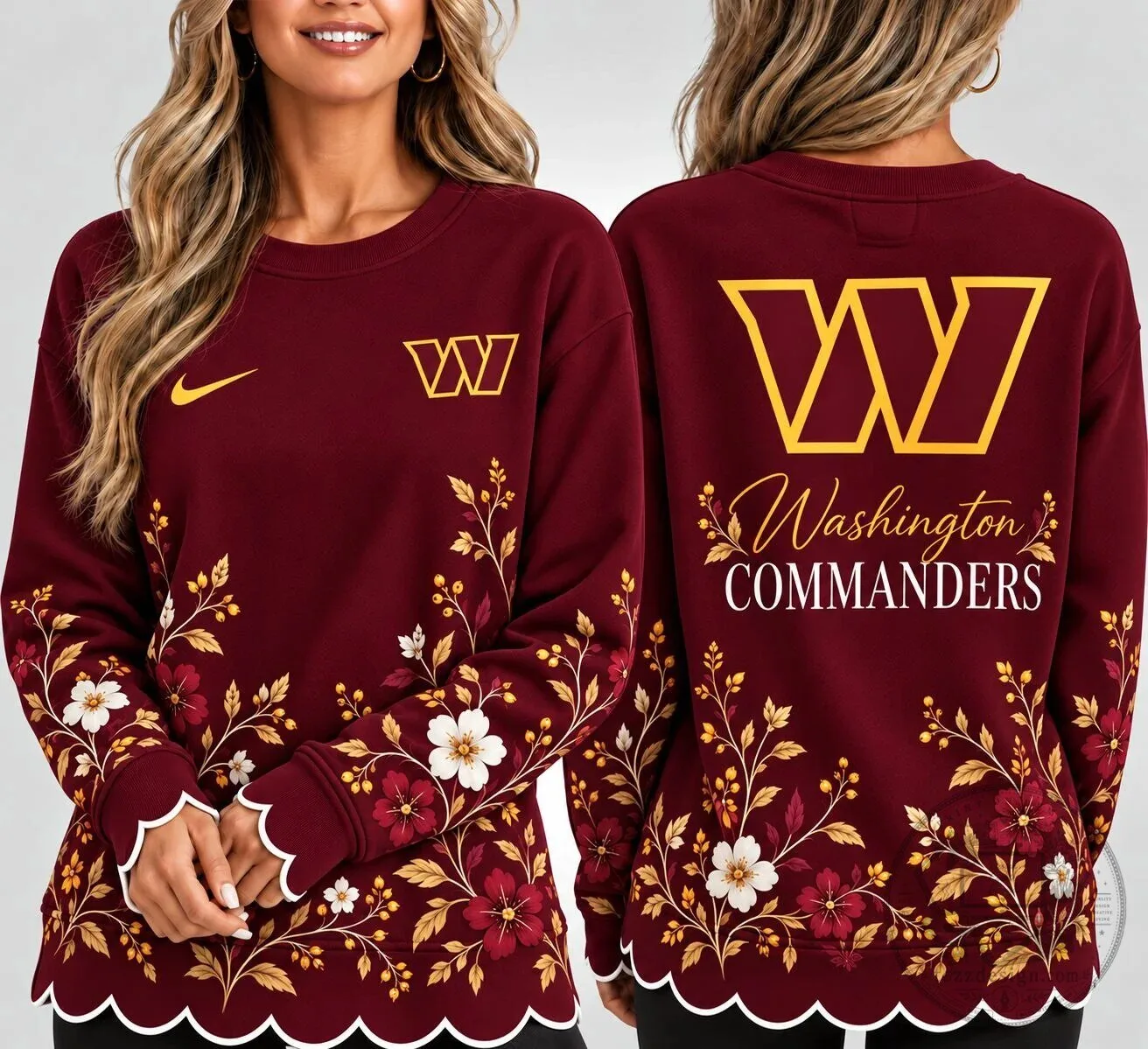 Washington Commanders Floral Scalloped Hem Graphic Crewneck Sweatshirt for Women