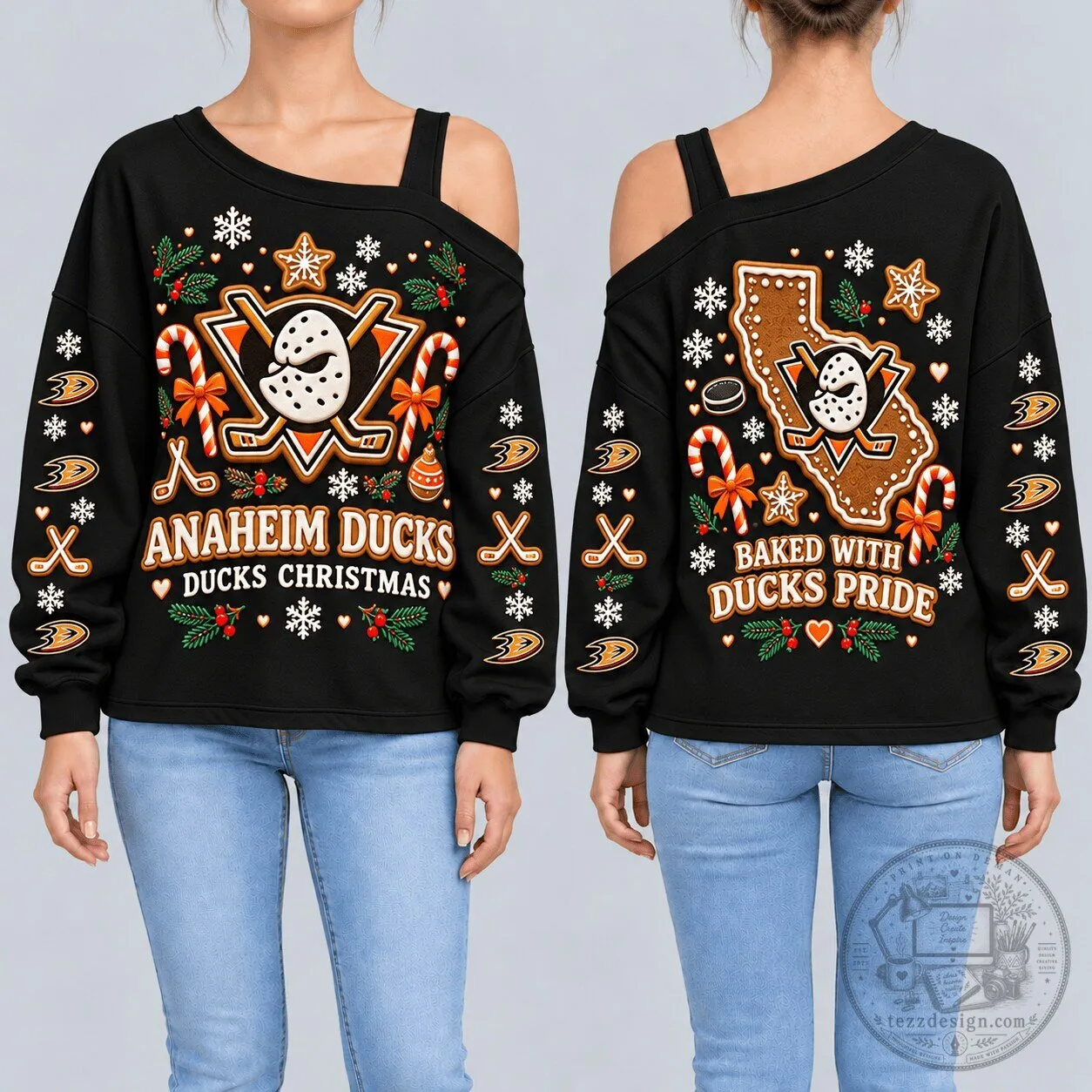 Anaheim Ducks Christmas Gingerbread Holiday Drop Shoulder Sweatshirt