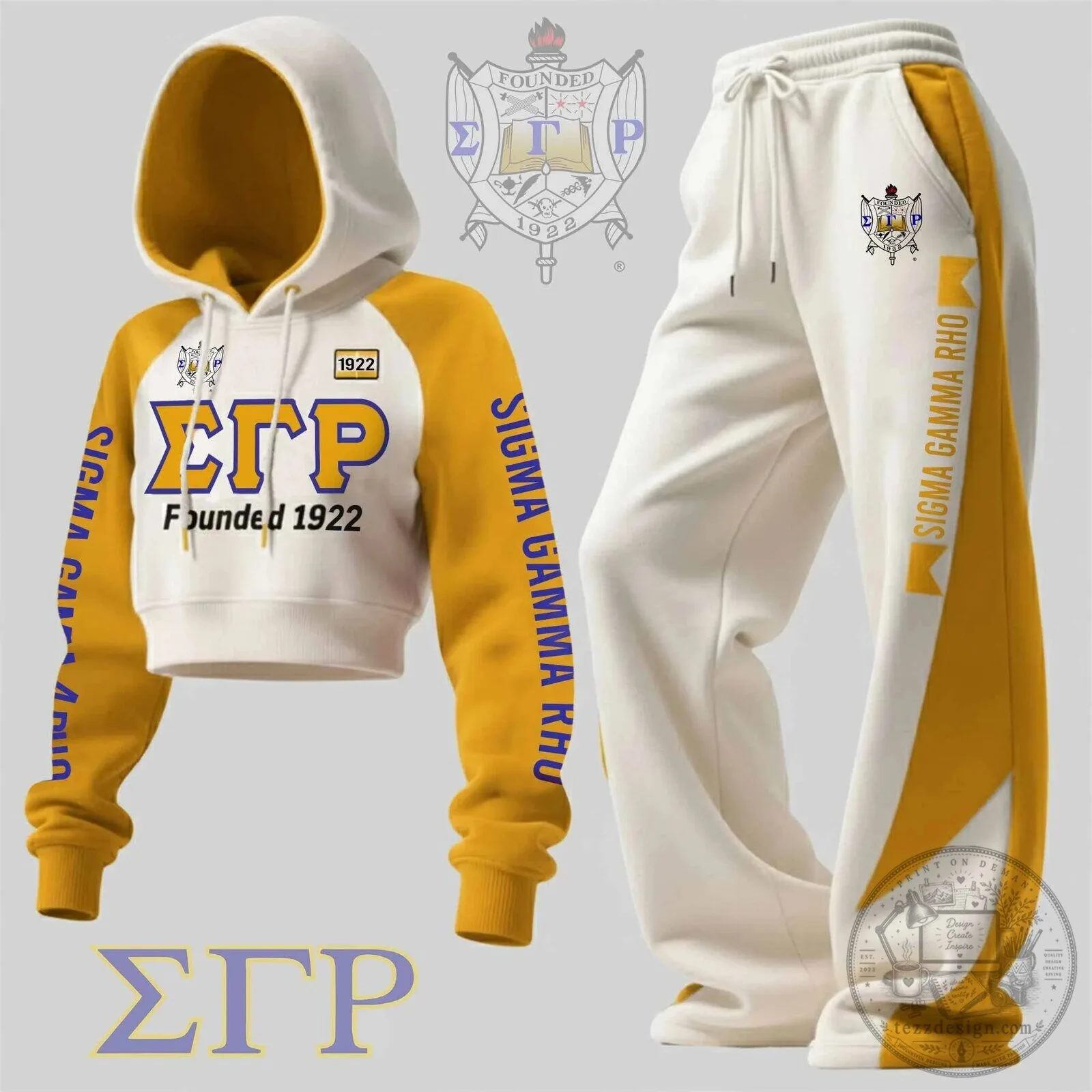 Sigma Gamma Rho Sorority Founded 1922 Gold and White Cropped Hoodie