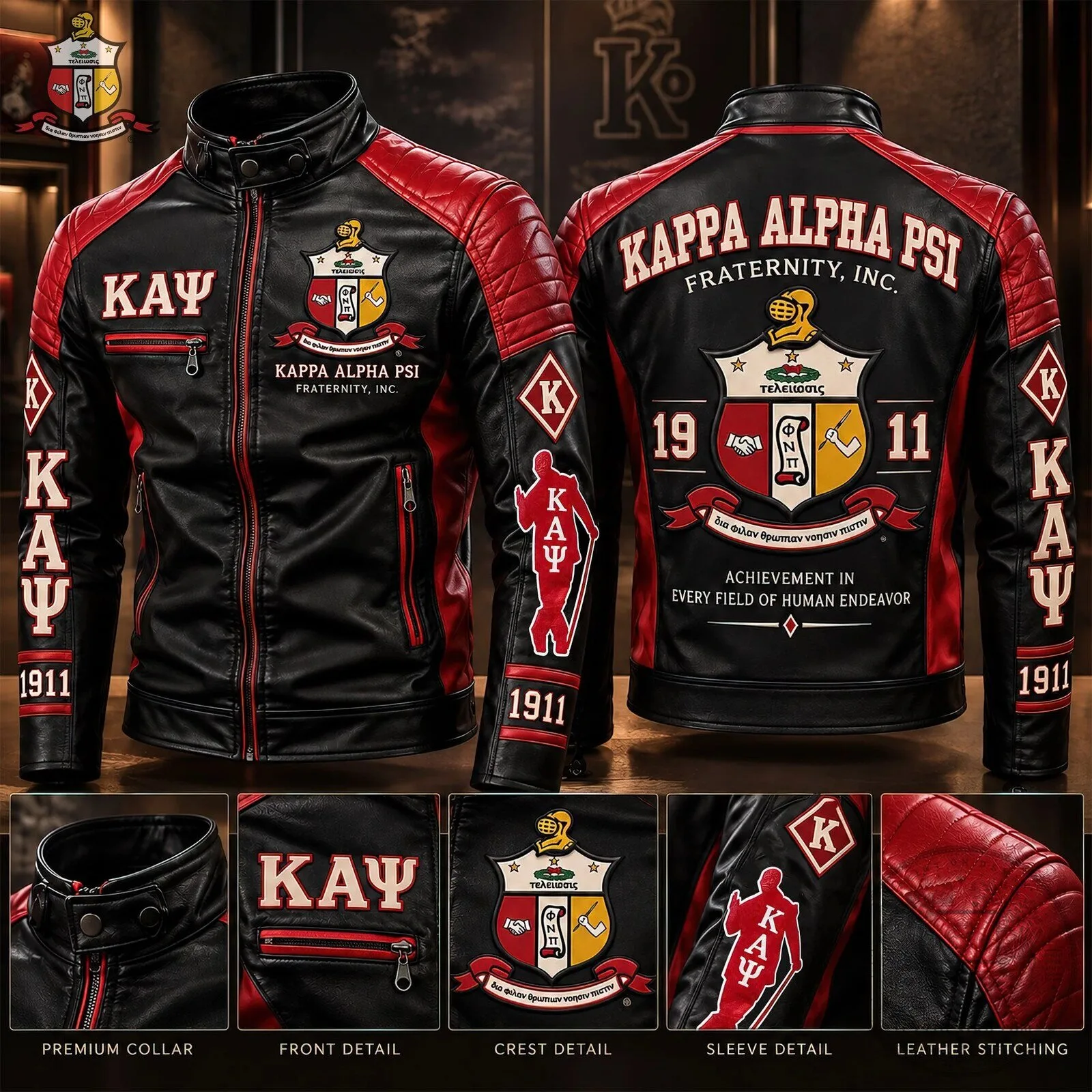 Kappa Alpha Psi Fraternity Black and Red Leather Motorcycle Jacket