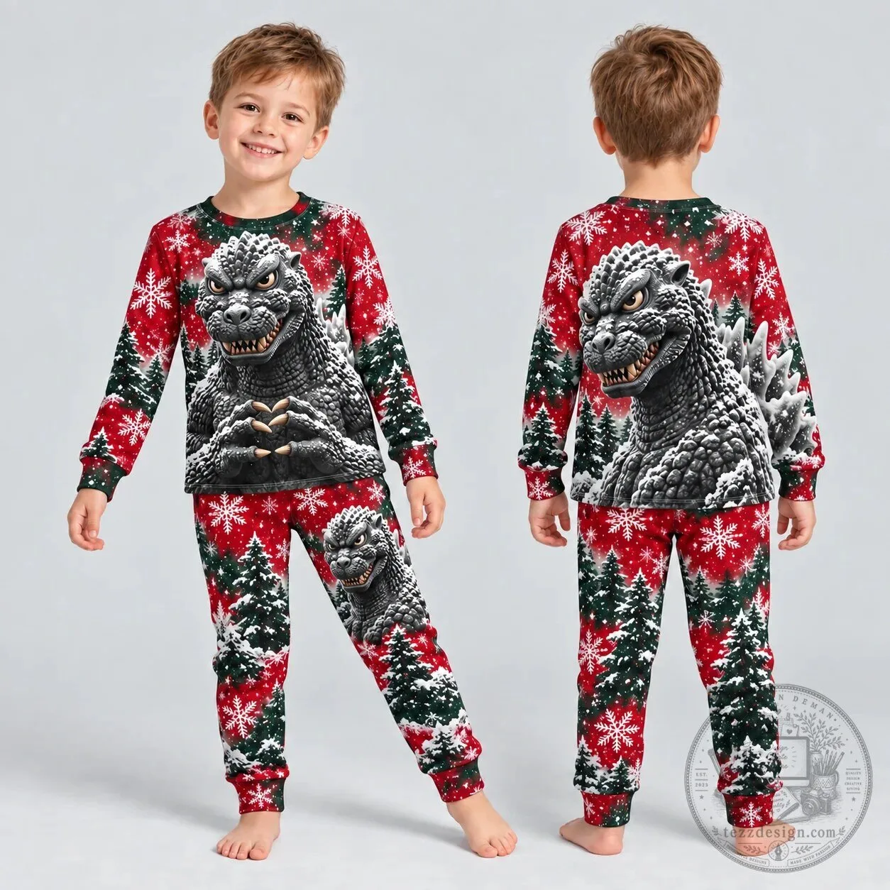 Godzilla Christmas Snowflakes and Pine Trees Kids Pajamas Set
