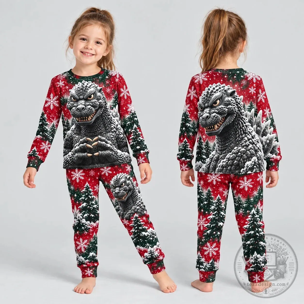 Godzilla Christmas Snowflakes and Pine Trees Kids Pajamas Set 7 Godzilla Christmas Snowflakes and Pine Trees Kids Pajamas Set