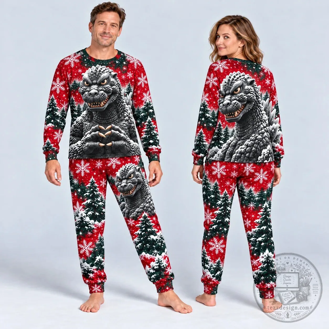 Godzilla Christmas Snowflakes and Pine Trees Kids Pajamas Set 8 Godzilla Christmas Snowflakes and Pine Trees Kids Pajamas Set