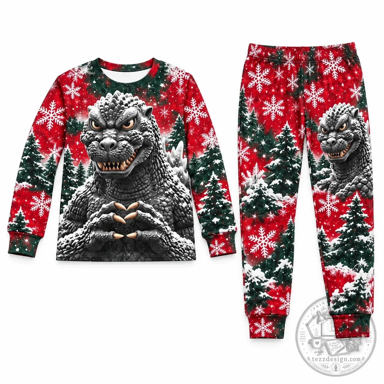 Godzilla Christmas Snowflakes and Pine Trees Kids Pajamas Set 9 Godzilla Christmas Snowflakes and Pine Trees Kids Pajamas Set