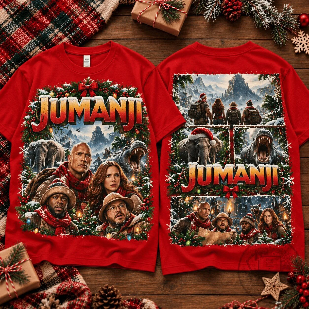 Jumanji Christmas Holiday Collage Graphic T-Shirt for Fans Who Love Festive Winter