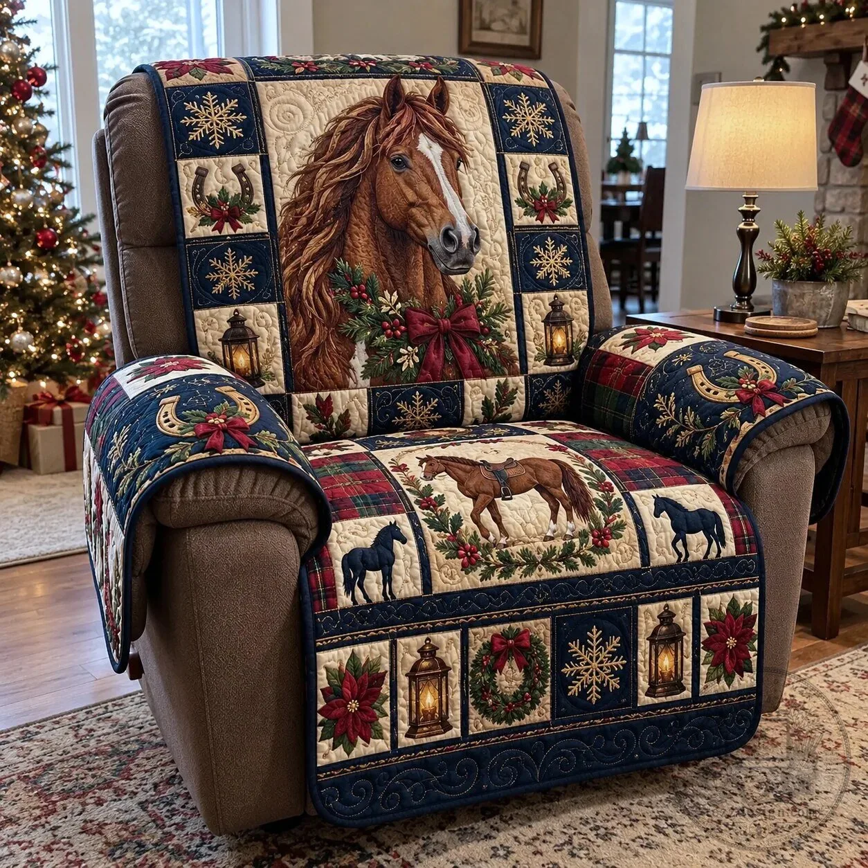 Christmas Horse Patchwork Quilted Recliner Cover with Holiday Equestrian Design