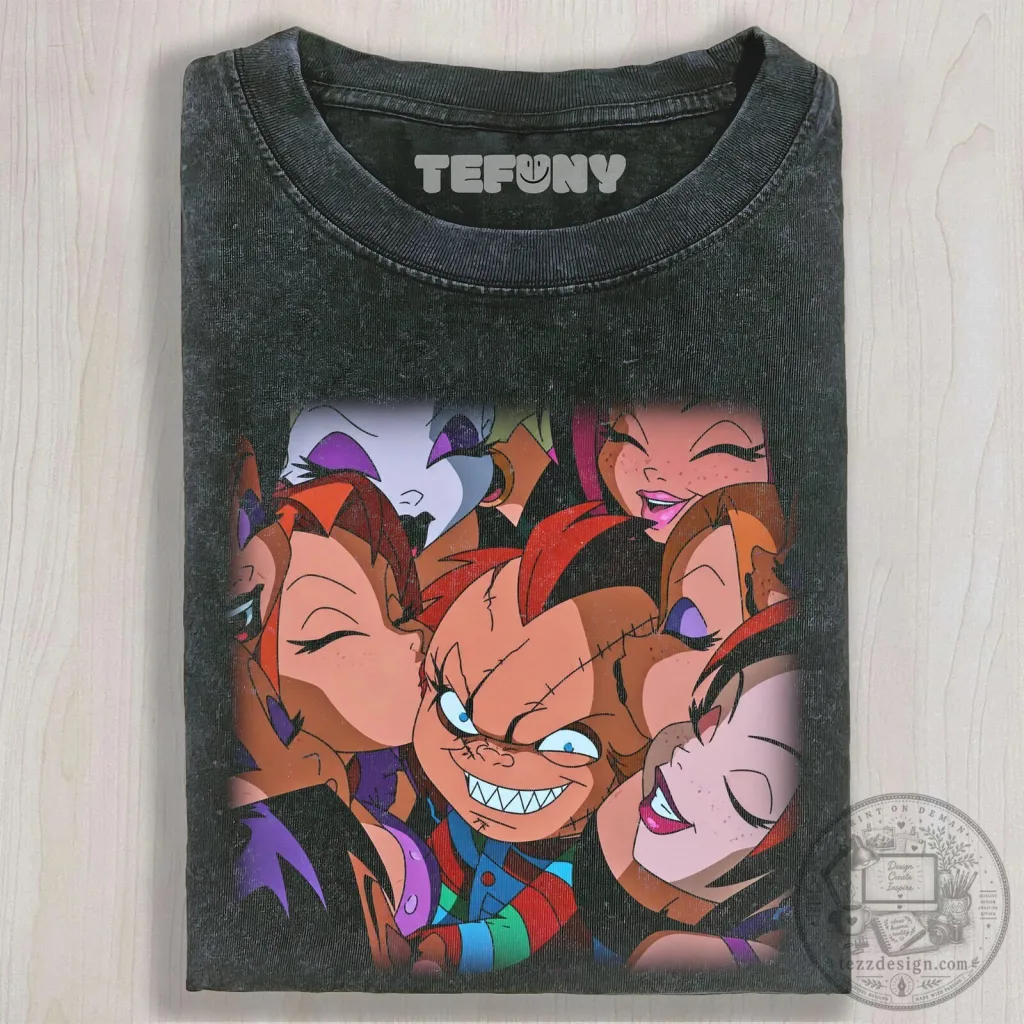 Chucky and Tiffany Valentine Kissing Cartoon Horror Movie T-Shirt Chucky and Tiffany Valentine Kissing Cartoon Horror Movie T-Shirt