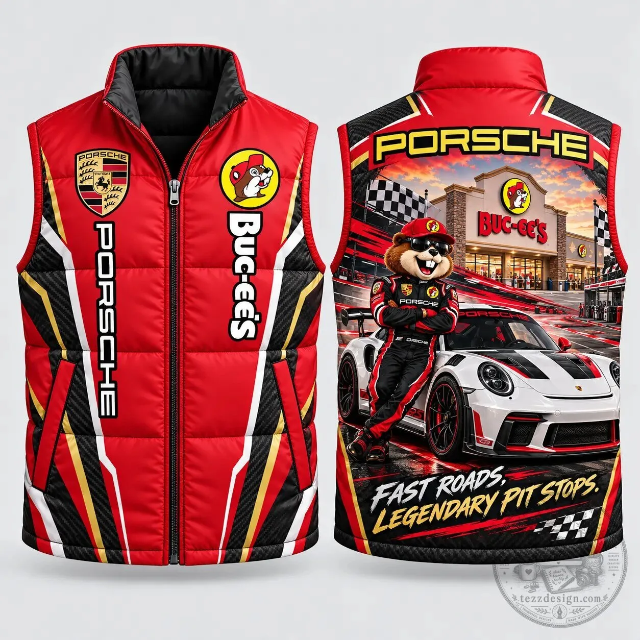 Buc-ee's Porsche Racing Red Sleeveless Puffer Vest Jacket 4 Buc-ee