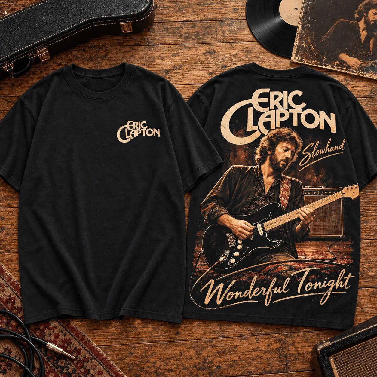 Eric Clapton Slowhand Wonderful Tonight Guitar Portrait Black T-Shirt 1 Eric Clapton Slowhand Wonderful Tonight Guitar Portrait Black T-Shirt